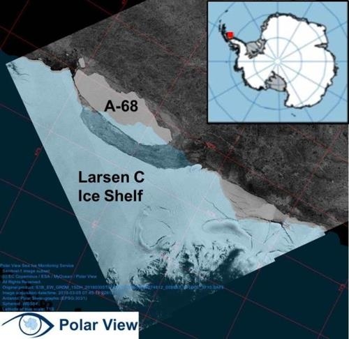 拉森c冰架和a-68冰山的卫星图片(韩联社/极地研究所提供)