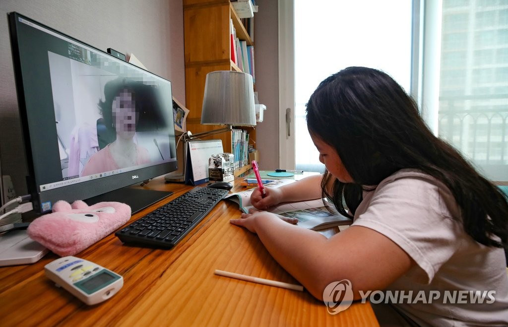 资料图片:一名小学生在家上网课. 韩联社