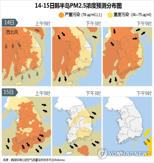 14-15日韩半岛PM2.5浓度预测分布图