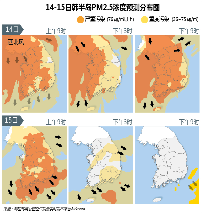 14-15日韩半岛PM2.5浓度预测分布图
