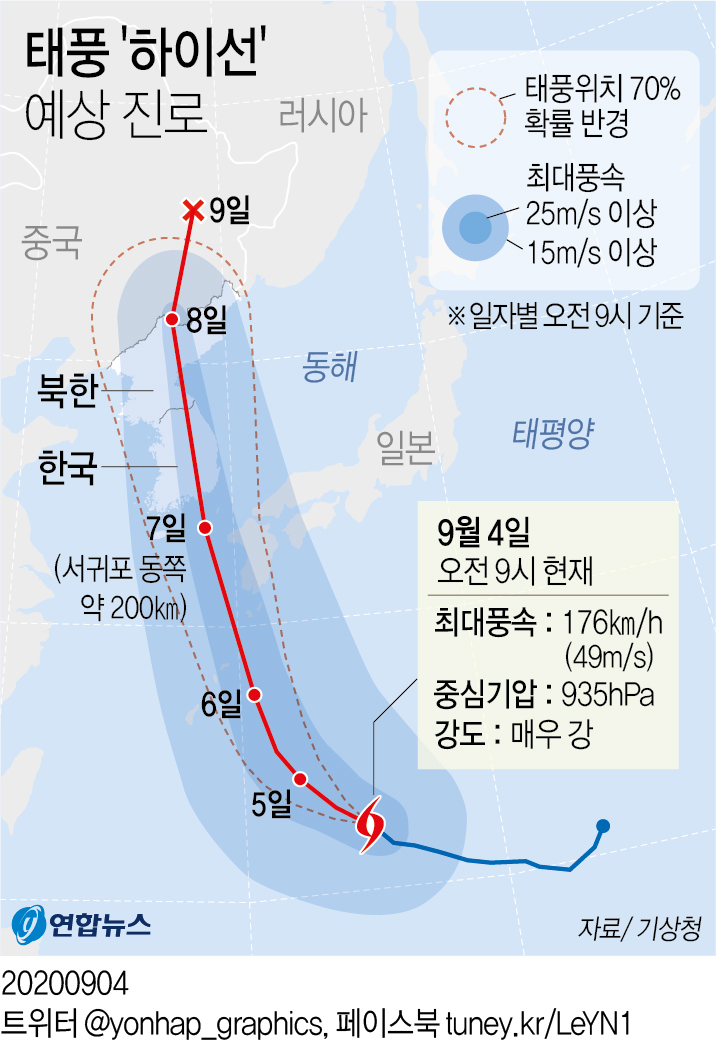 台风“海神”预测路径 韩联社/韩国气象厅供图（图片严禁转载复制）