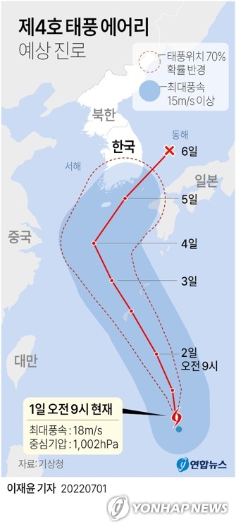 台风“艾利”路径趋势预测 韩联社