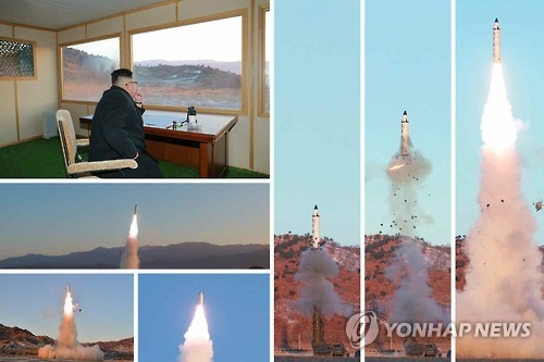 这是朝鲜《劳动新闻》13日公开的“北极星”第二型试射场面。图片仅限韩国国内使用，严禁转载复制。（韩联社/朝鲜《劳动新闻》）