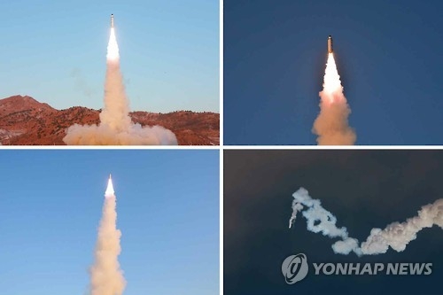 资料图片：“北极星”第二型发射现场图片。图片仅限韩国国内使用，严禁转载复制。（韩联社/朝鲜《劳动新闻》）