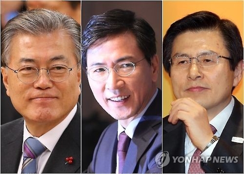 左起依次是韩国呼声前三高的总统人选文在寅、安熙正和黄教安。（韩联社）