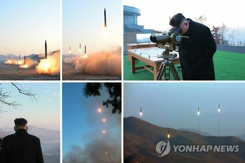 这是朝鲜《劳动新闻》7日公开的导弹试射场景。图片仅限韩国国内使用，严禁转载复制。（韩联社/朝鲜《劳动新闻》）
