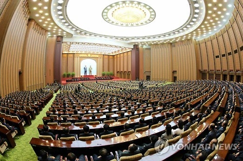 资料图片：图为朝中社发布的2016年6月29日举行的第13届最高人民会议第四次会议现场照。图片仅限韩国国内使用，严禁转载复制。（韩联社/朝中社）