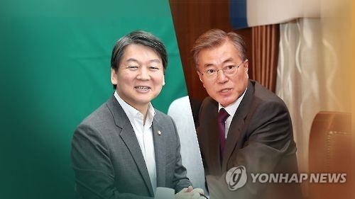 安哲秀（左）和文在寅（韩联社）
