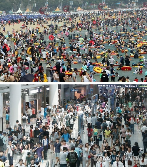 资料图片：暑假期间的釜山海云台海水浴场（上）和仁川国际机场（韩联社）