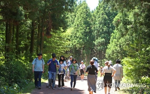 资料图片：韩国游客徜徉林中。（韩联社）