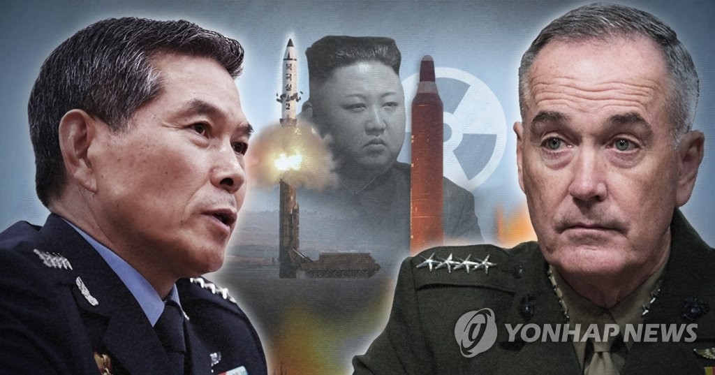 资料图片：左为韩国联参议长郑景斗，右为美国参谋长联席会议主席约瑟夫·邓福德。（韩联社/欧新社）