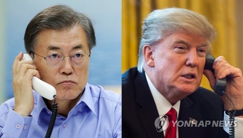 资料图片：左为韩国总统文在寅，右为美国总统特朗普。（韩联社）
