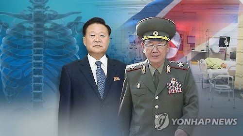 资料图片：朝鲜劳动党中央委副委员长崔龙海（左）和朝军总政治局长黄炳誓（韩联社）