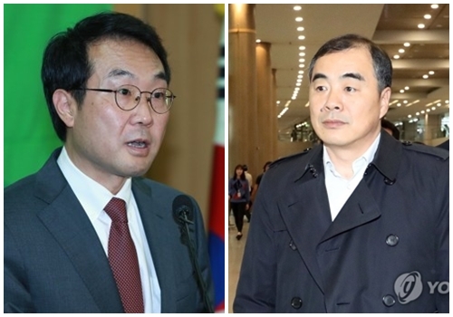 左为朝核六方会谈韩方团长李度勋，右为中方团长孔铉佑。（韩联社）