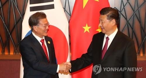 资料图片：11月11日，在亚太经合组织（APEC）领导人非正式会议期间，韩国总统文在寅（左）与中国国家主席习近平举行首脑会谈。（韩联社）