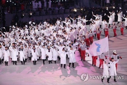 资料图片：平昌冬奥开幕式上韩朝举未标独岛的蓝色半岛旗共同入场。（韩联社）