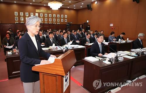 10月10日，在首尔，康京和接受国会外委会国政监查。（韩联社）