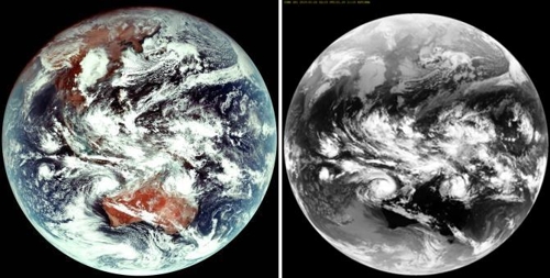左为“千里眼2A”号拍摄到的彩色影像，右为“千里眼1”号拍摄到的黑白影像。（韩联社/气象厅供图）