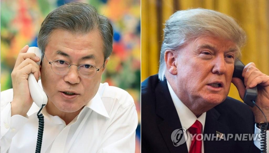 左为韩国总统文在寅，右为美国总统特朗普