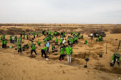 资料图片：2018KF韩中绿色志愿团在库布齐沙漠开展造林活动。（韩联社/国际交流财团供图） 