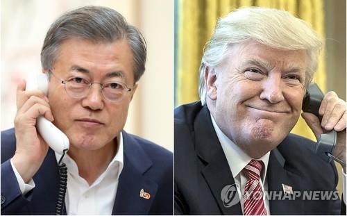 资料图片：韩国总统文在寅（左）和美国总统特朗普（韩联社）