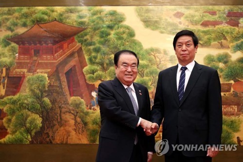 文喜相（左）和栗战书（韩联社）