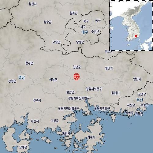 资料图片：红圈为庆尚南道昌宁郡的震中点。 韩国气象厅供图