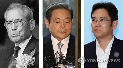 资料图片：左起依次为李秉喆、李健熙、李在镕。 韩联社