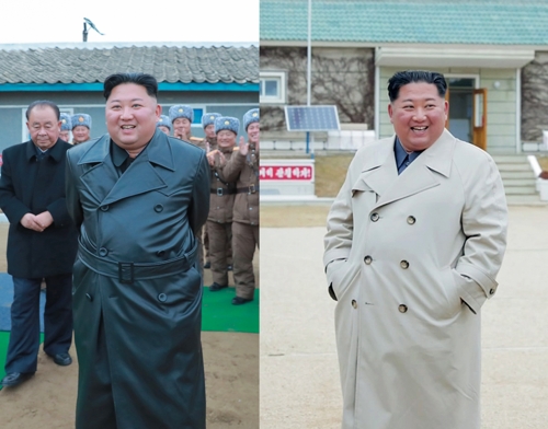 金正恩日前11月28日参观超大型火箭炮试射和11月25日视察驻昌麟岛部队时秀出不同以往的穿衣风格。 韩联社