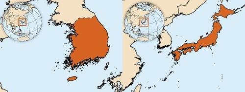 左为遗漏独岛和郁陵岛的韩国地图。右为标记独岛和郁陵岛的日本地图。 韩联社/VANK供图（图片严禁转载复制）