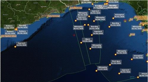 资料图片：西非加纳海域韩国公民遭绑架的疑似地点 Dryad Global截图（图片严禁转载复制）