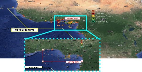 资料图片：海盗事件高发海域详图 韩联社/海洋水产部供图（图片严禁转载复制）