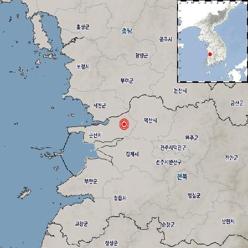 资料图片：全罗北道群山市东北偏东10公里处发生2.5级地震。 韩国气象厅供图（图片严禁转载复制）