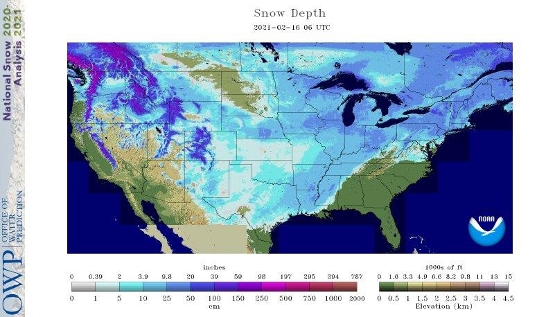 资料图片：美国境内积雪分布图 美国国家海洋和大气管理局官网截图（图片严禁转载复制）