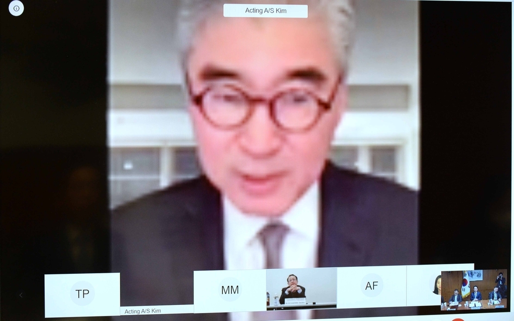 韩美日外交高官视频会议照 韩联社/外交部供图（图片严禁转载复制）