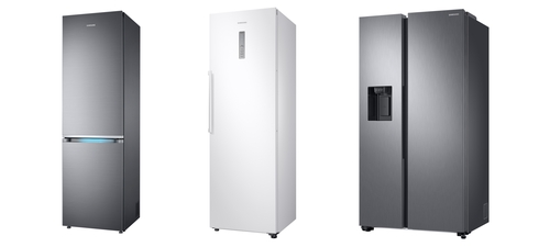 左起依次为三星电子上冷藏下冷冻冰箱（RL36R8739S9）、单门冷藏冰箱（RR40M7165WW）和双门冰箱（RS68N8322S9）。 韩联社/三星电子供图（图片严禁转载复制）