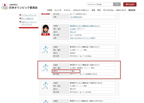 资料图片：日本奥委会官网上的运动员简介，红框部分是关于孙基祯的信息资料。 韩联社