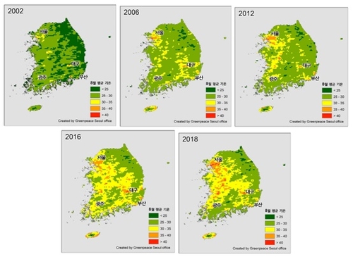 资料图片:2002～2018年韩国全境8月平均气温分布变化图,由绿至红色