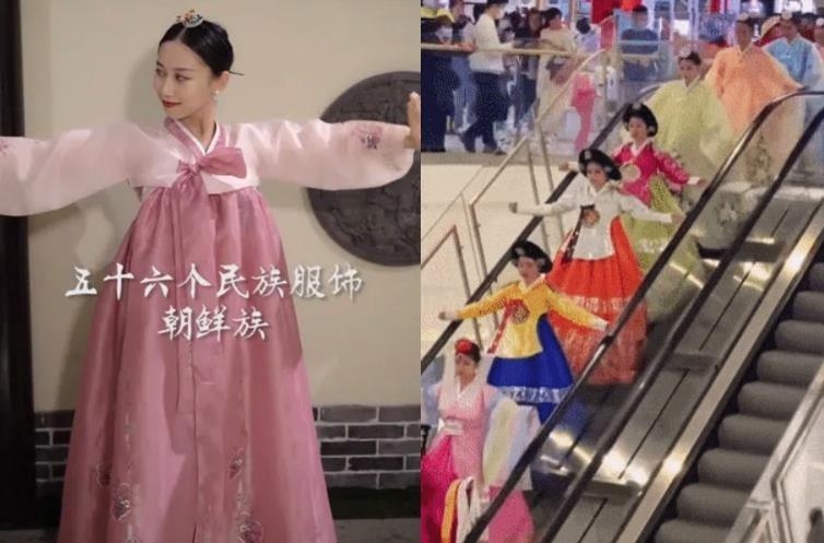 左为应用软件“FacePlay”在韩服图片上标注“朝鲜族”，右为延边以购物中心的时装秀宣传韩服为朝鲜族传统服饰。 徐坰德供图