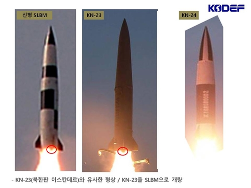 朝鲜10月20日公开的新型潜射弹道导弹（SLBM）试射照（左起）、朝版伊斯坎德尔导弹（KN-23）、朝版伊斯坎德尔导弹改良版（KN-24）。 韩联社/韩国国防安全论坛秘书局局长申宗祐（音）供图（图片仅限韩国国内使用，严禁转载复制）