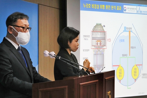 12月29日，在中央政府世宗办公楼，“世界”号发射调查委员会委员长崔桓硕（左）公布“世界”号入轨失败原因调查结果。 韩联社