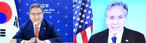 朴振（左）与布林肯视频连线。 外交部供图（图片严禁转载复制）