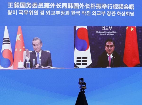 5月16日，朴振（右）和王毅举行视频会晤。 中国外交部官网截图（图片严禁转载复制）