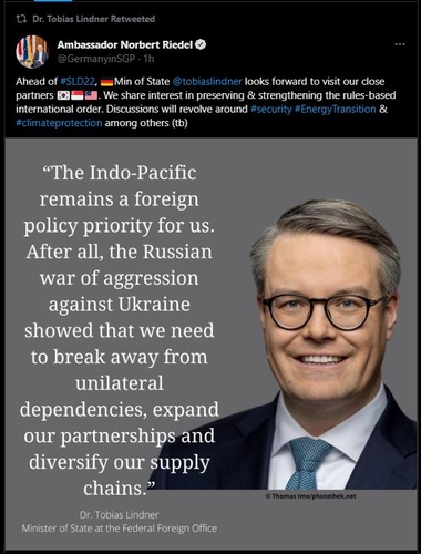 德国联邦外交部国务部长托比亚斯·林德纳 德国驻新加坡大使推特截图（图片严禁转载复制）