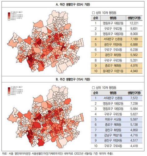 首尔市夜间人口（上图）和白天人口分布 首尔市供图（图片严禁转载复制）