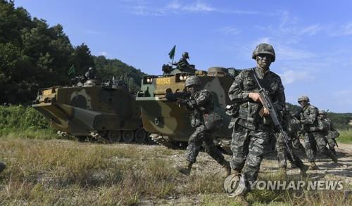 资料图片：韩美韩军陆战队实兵机动演练 韩联社