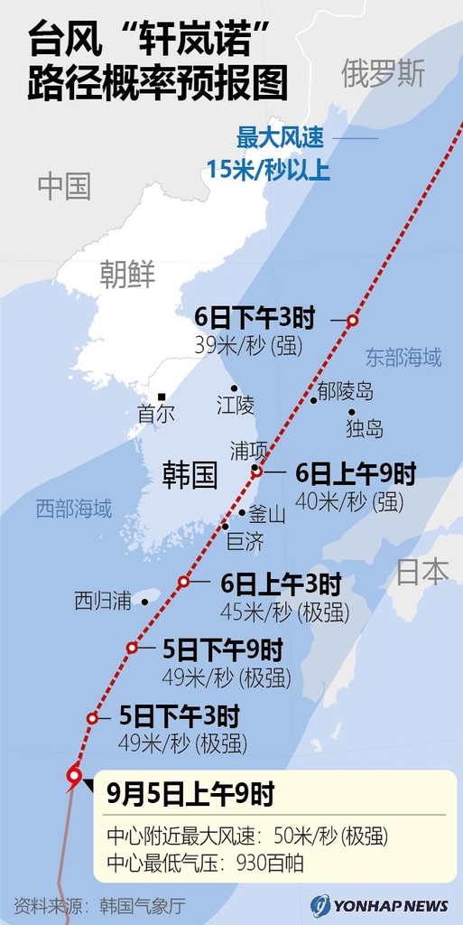 台风“轩岚诺”路径概率预报图 韩联社