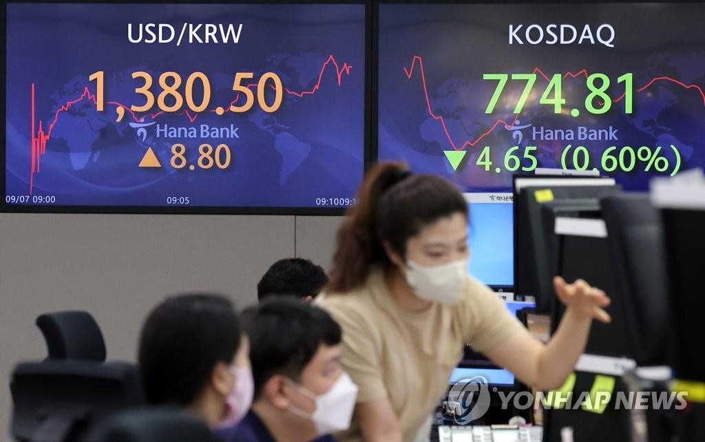 9月7日，位于首尔中区的韩亚银行总行交易厅的大型屏幕显示韩元对美元汇率（左）和韩国创业板科斯达克股指。 韩联社