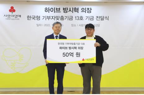 10月13日，HYBE公司董事会主席房时赫（右）向韩国社会福祉共同募捐会“爱的果实”捐款50亿韩元。 爱的果实供图（图片严禁转载复制）