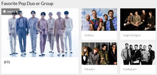 当地时间11月20日，全美音乐奖（AMA）在官网发布消息称，男团防弹少年团（BTS）获得“最受欢迎流行组合”奖（Favorite Pop Duo or Group）。 全美音乐奖官网截图（图片严禁转载复制）